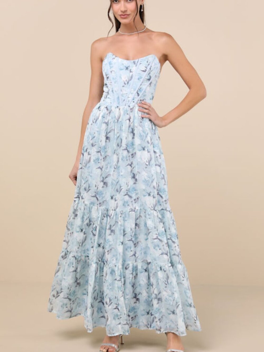 Lulus Special Moment Light Blue Floral Strapless Bustier Maxi Dress - Size M